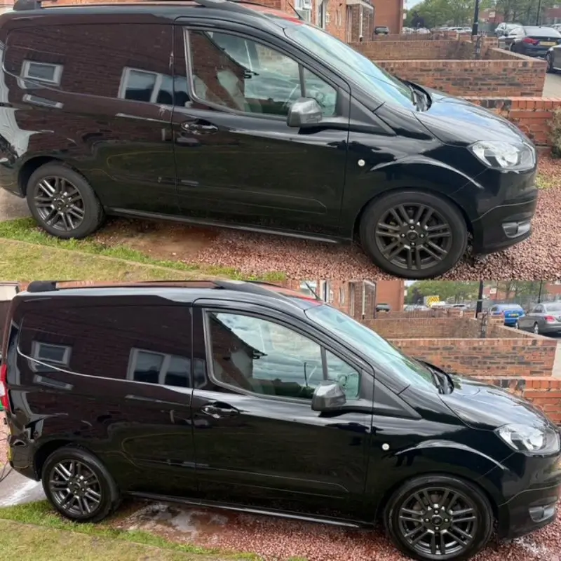 Before and after of a black van. Before shows a dull finish with swirl marks, the after shows a clean and restored finish.