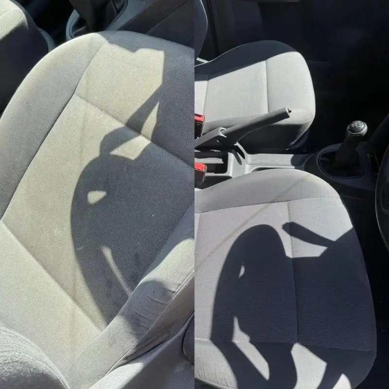 Before and after view of a car seat. Before shows a stained and worn seat, after shows a clean and restored seat.