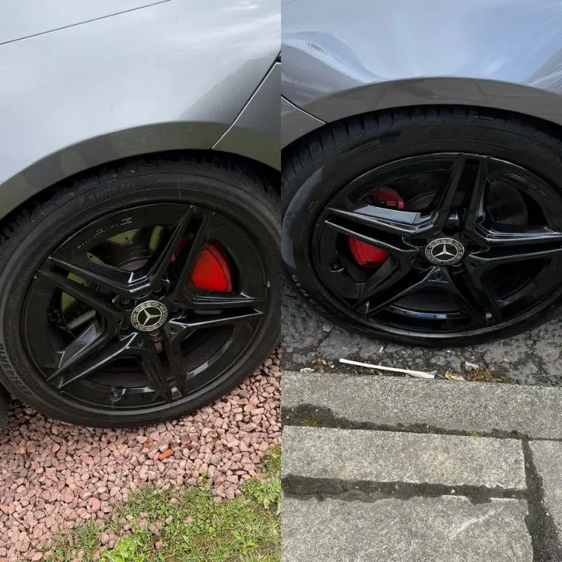 Before and after view of a Mercedes wheel and rim. Before shows a dirty and dull finish, after shows a shiny and restored finish.