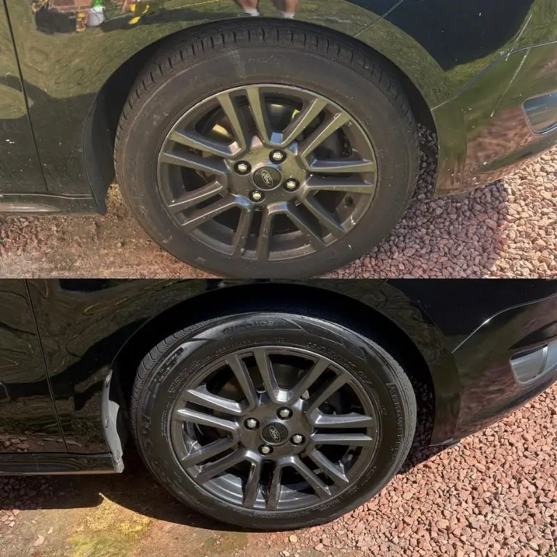 Before and after view of a Ford wheel and surrounding area. Before shows a dirty and dull finish, after shows a clean, restored finish.