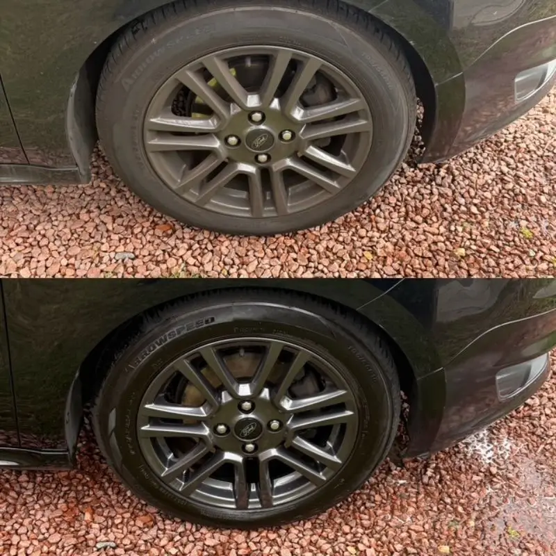 Before and after view of a Ford wheel and surrounding area. Before shows a dirty and dull finish, after shows a clean, restored finish.