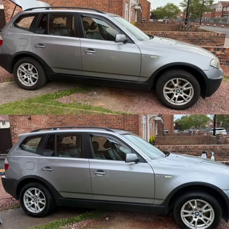 Before and after of a grey BMW. From dirty to clean and shiny.