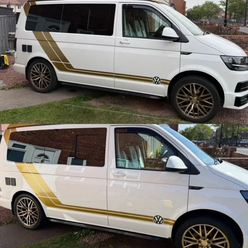Before and after view of a white Volkswagen van. Before shows a dull finish, after shows a shiny, restored finish.